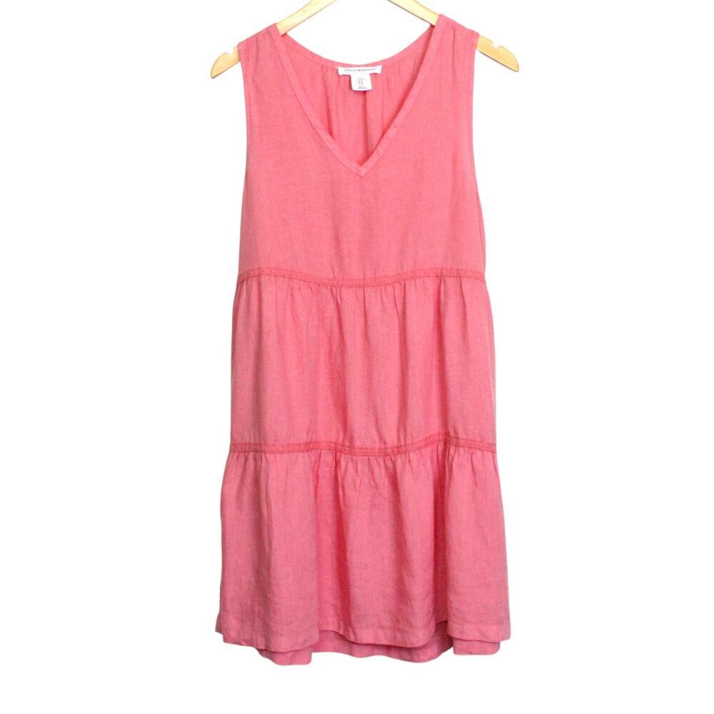 LB 100% Linen V-neck Tiered Mini Dress Casual Summer in Coral Pink W's Medium